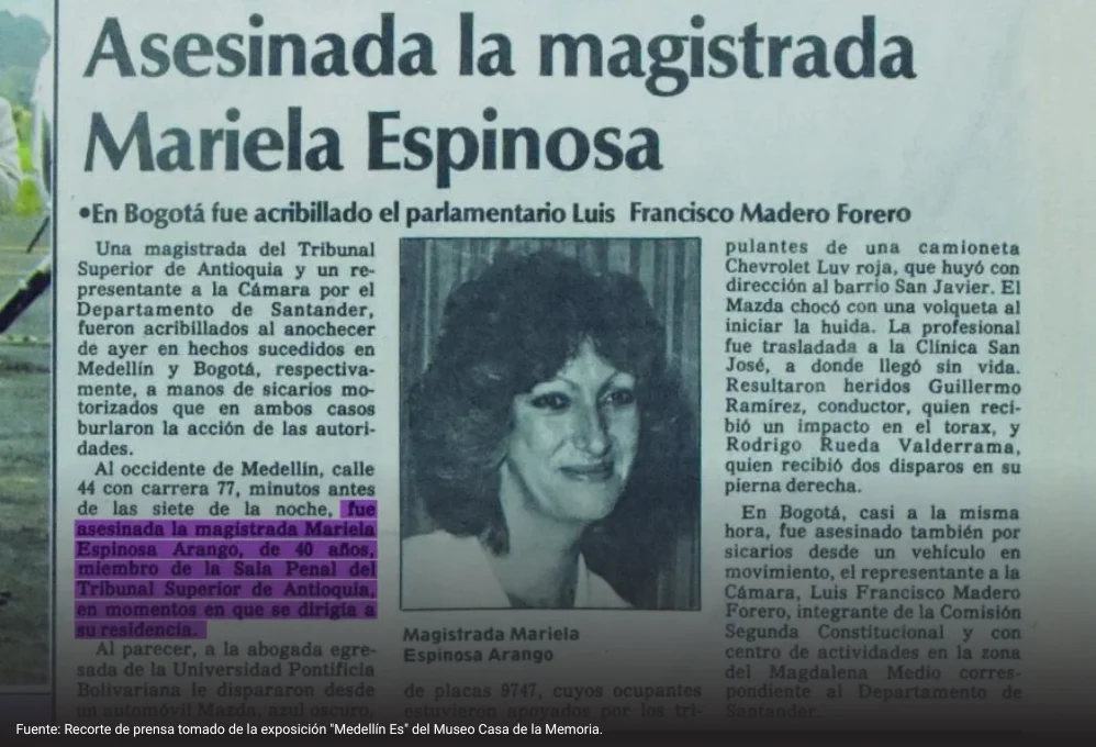 Recorte sobre Mariela Espina, entre los jueces y funcionarios asesinados en Medellín.